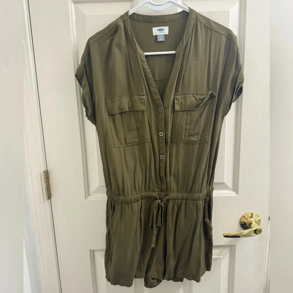 Old Navy olive green utility linen short sleeve romper - Picture 1 of 9
